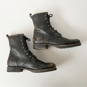 Frye combat boots black stonewash distressed biker leather lace up size 8 women